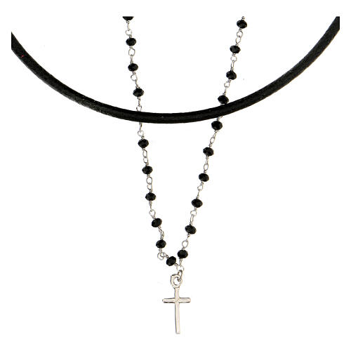 Halskette mit Kreuz aus 925er Silber mit schwarzen Perlen und Band aus Leder 1