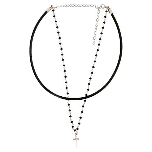 Halskette mit Kreuz aus 925er Silber mit schwarzen Perlen und Band aus Leder 2