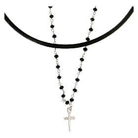 Leather necklace with black beads cross in 925 silver