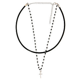 Leather necklace with black beads cross in 925 silver