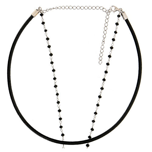 Leather necklace with black beads cross in 925 silver 3