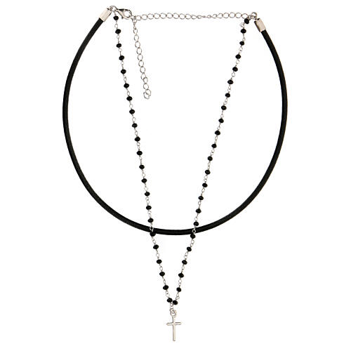 Leather necklace with black beads cross in 925 silver 4