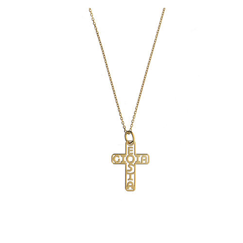 Golden cross pendant with openwork E Gioia Sia (Joy May Be) 925 silver 1