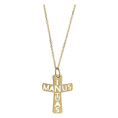 Cruz dourada perfurada grande In Manus Tuas prata 925 1