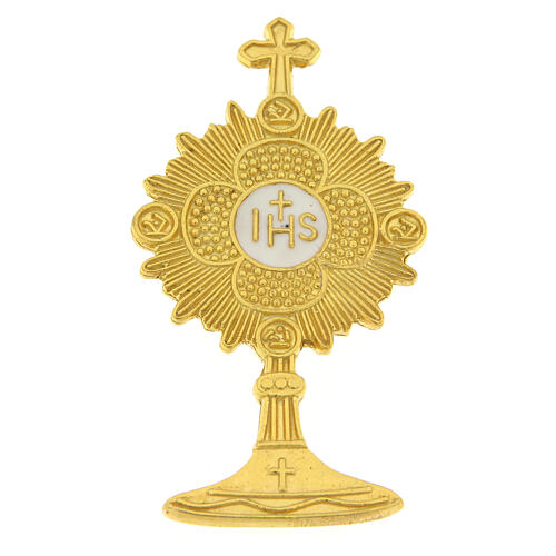 Broszka monstrancja, srebro 925 pozłacana, biały emalia, IHS 1