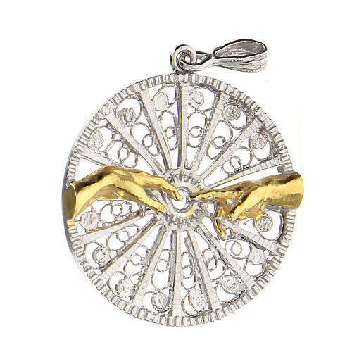 Filigree round pendant, bicolour 925 silver, The Creation of Adam 2