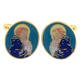 Botões de punho para camisas dourados com imagem esmalte azul-turquesa Nossa Senhora com Menino Jesus