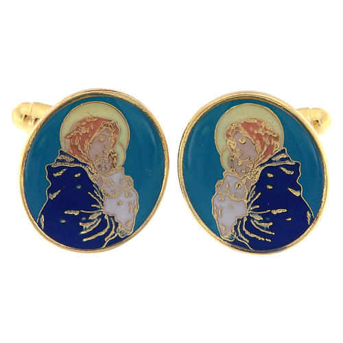 Botões de punho para camisas dourados com imagem esmalte azul-turquesa Nossa Senhora com Menino Jesus 1