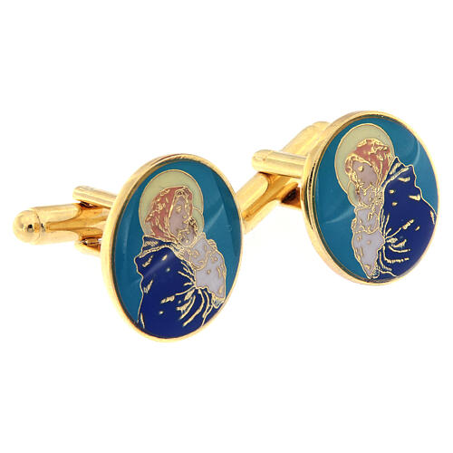 Botões de punho para camisas dourados com imagem esmalte azul-turquesa Nossa Senhora com Menino Jesus 2