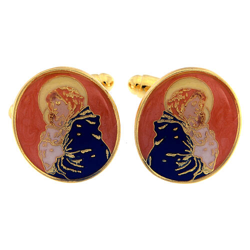 Gold plated cufflinks, Virgin with Child, orange enamel 1