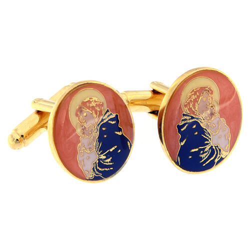 Cufflinks Virgin Mary and Child with orange enamel and gilt 2