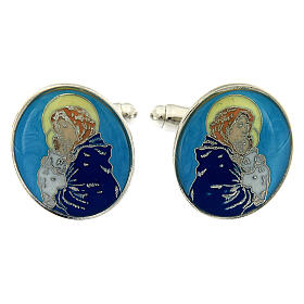 Cufflinks of Virgin with Child, light blue enamel