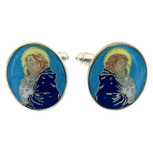 Cufflinks of Virgin with Child, light blue enamel 1