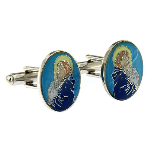 Botões de punho para camisas latão e zamak com imagem esmalte azul-turquesa Nossa Senhora com Menino Jesus 2