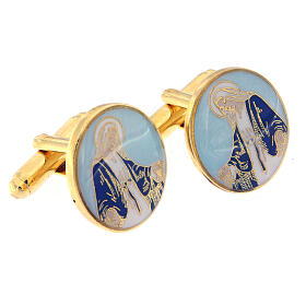 Gold plated cufflinks, Miraculous Medal, light blue enamel