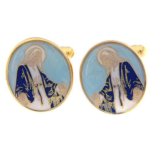 Gold plated cufflinks, Miraculous Medal, light blue enamel 1