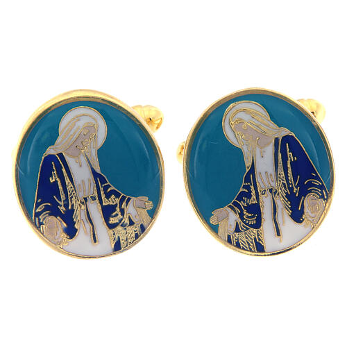 Botões de punho para camisas latão dourado com imagem esmalte azul Nossa Senhora das Graças 1