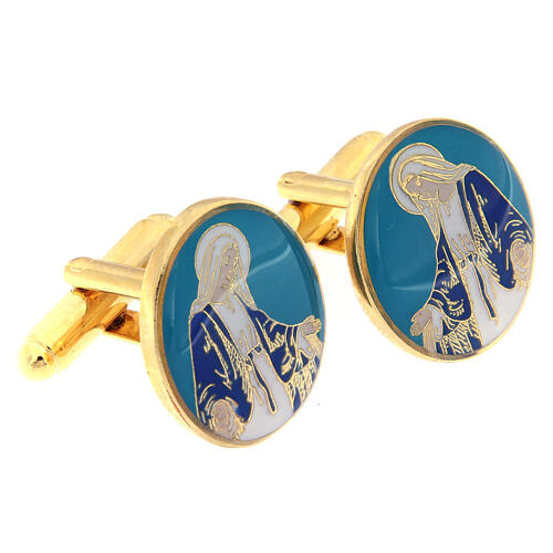 Botões de punho para camisas latão dourado com imagem esmalte azul Nossa Senhora das Graças 2