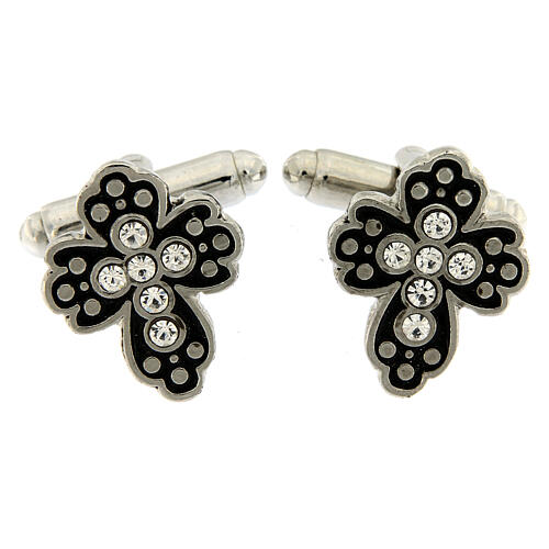 Cross cufflinks black strass in white bronzed brass 1