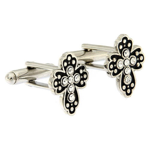 Cross cufflinks black strass in white bronzed brass 2