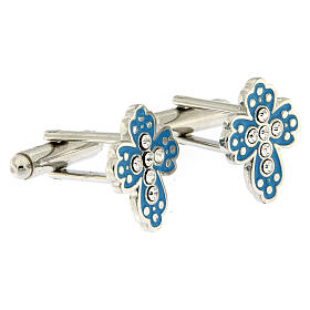 Cross-shaped light blue cufflinks, strass, brass, white bronze finish