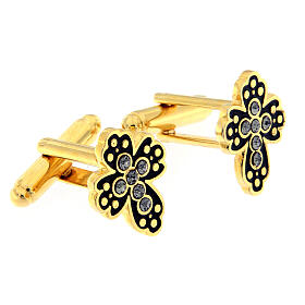 Gold plated brass cufflinks, black cross, crystals