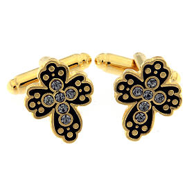 Golden brass cufflinks with black strass cross