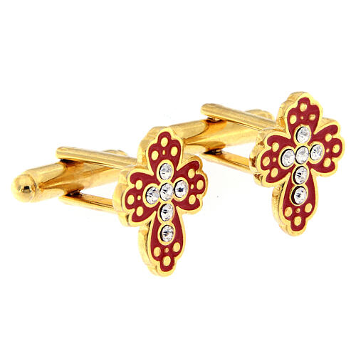 Gold plated brass cufflinks, red cross, crystals 2