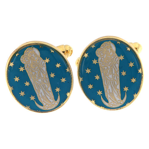 Gold plated brass cufflinks, Virgin with Child on crescent 1