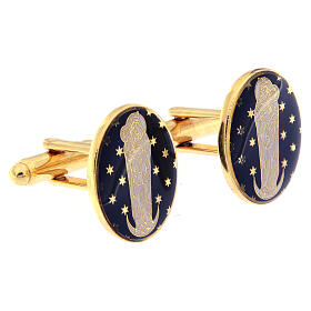 Gold plated cufflinks, Virgin with Child on crescent, blue enamel