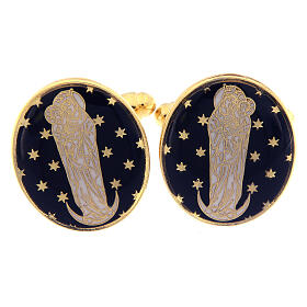 Blue cufflinks crescent moon Virgin Mary in golden brass