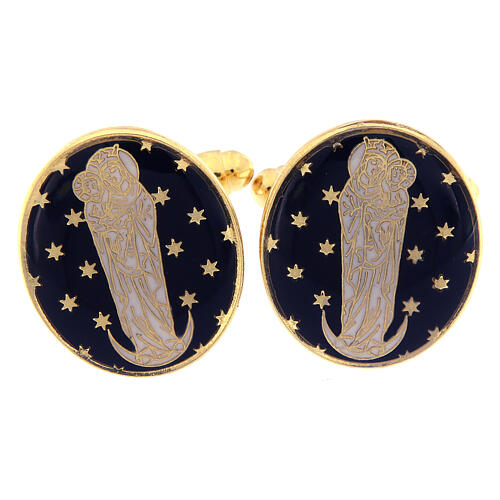 Blue cufflinks crescent moon Virgin Mary in golden brass 1