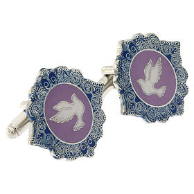 Cufflinks with white dove, lilac enamel, white bronze plated brass