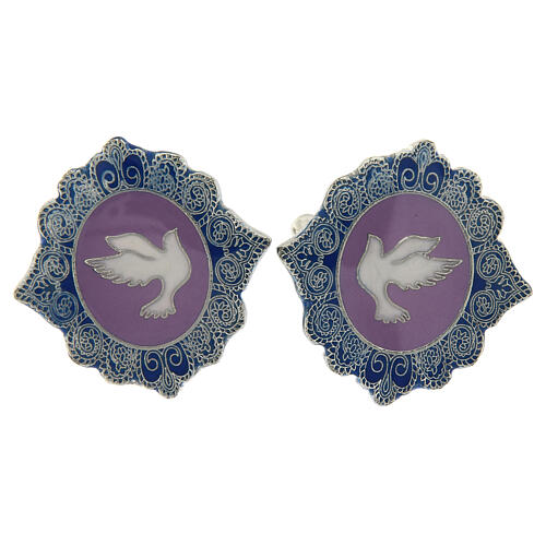 Botões de punho latão com imagem pomba branca em fundo lilás 1