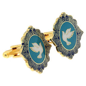 Botões de punho latão dourado com imagem pomba branca em fundo azul claro