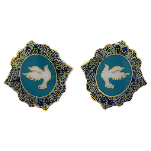 Botões de punho latão dourado com imagem pomba branca em fundo azul claro 1