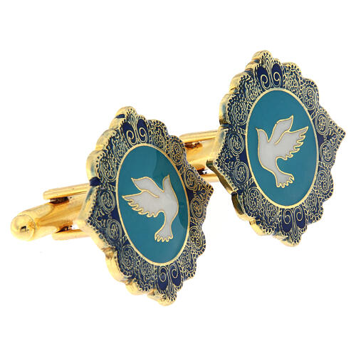 Botões de punho latão dourado com imagem pomba branca em fundo azul claro 2