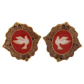 Botões de punho latão dourado com imagem pomba branca em fundo vermelho