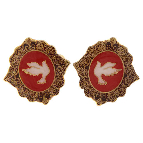Botões de punho latão dourado com imagem pomba branca em fundo vermelho 1