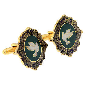 Gold plated brass cufflinks, white dove, green enamel