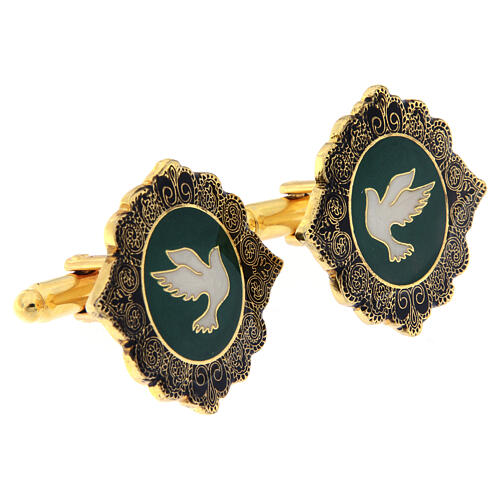 Gold plated brass cufflinks, white dove, green enamel 2