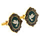 Gold plated brass cufflinks, white dove, green enamel s2