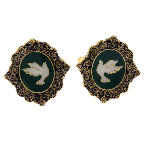 Botões de punho latão dourado com imagem pomba branca em fundo verde 1