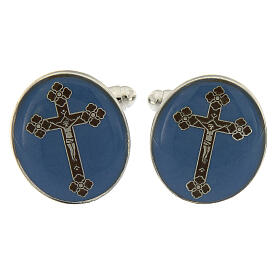 Brass cufflinks, blue enamel, budded cross