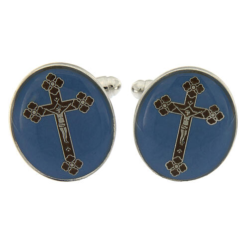 Brass cufflinks, blue enamel, budded cross 1