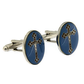 Blue enamel cufflinks with brass trilobate cross