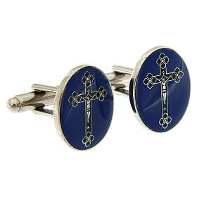 Oval cufflinks, blue cross, white bronze plated brass