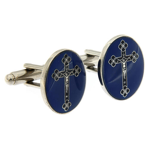 Oval cufflinks, blue cross, white bronze plated brass 2