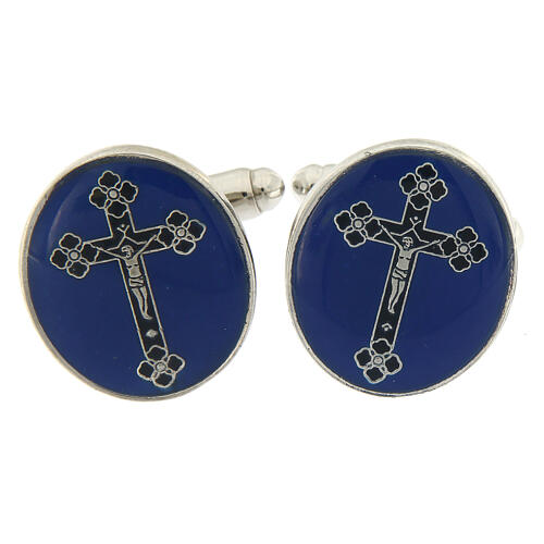 Botões de punho latão com cruz trilobada preta fundo azul esmaltado 1