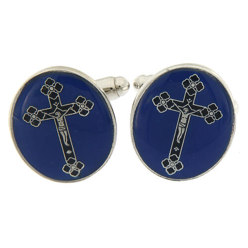 Blue cross cufflinks oval in white bronzed brass 1